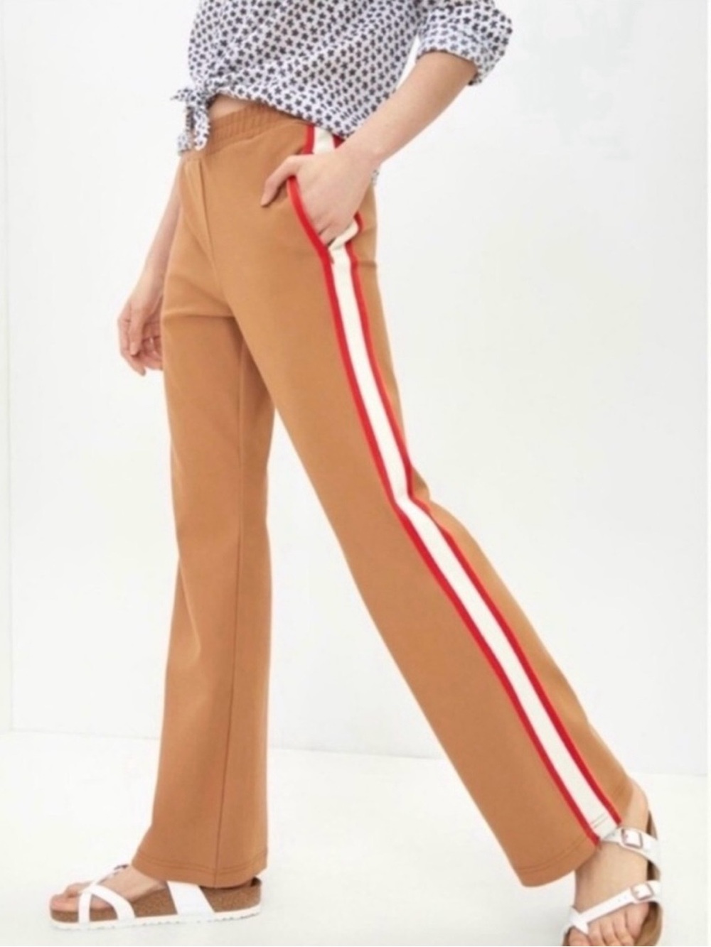 Anthropologie Maeve Martine Ponte Track Pants Tan Red Stripe Sz Small